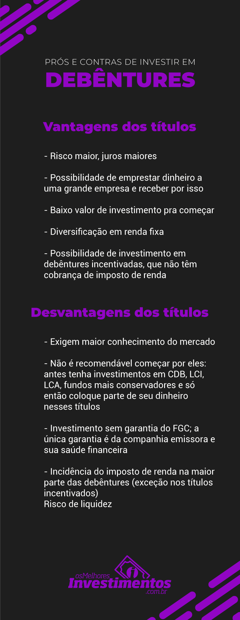 Infográfico - Prós e Contras de investir em debêntures - Os Melhores Investimentos